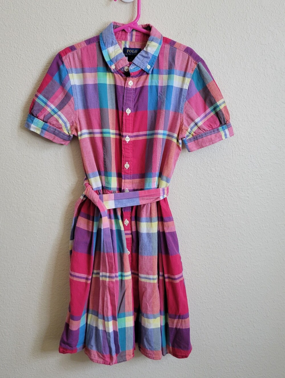 Polo Ralph Lauren Girls Pink Multicolor Plaid Cotton Shirt Dress Size 12
